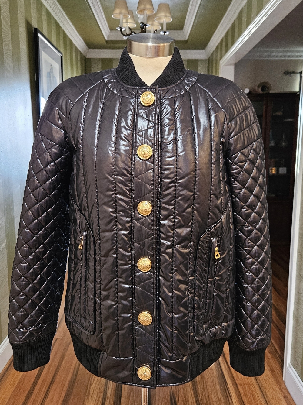BALMAIN Black Quilted Bomber Jacket with Gold Buttons SIZE 38/6